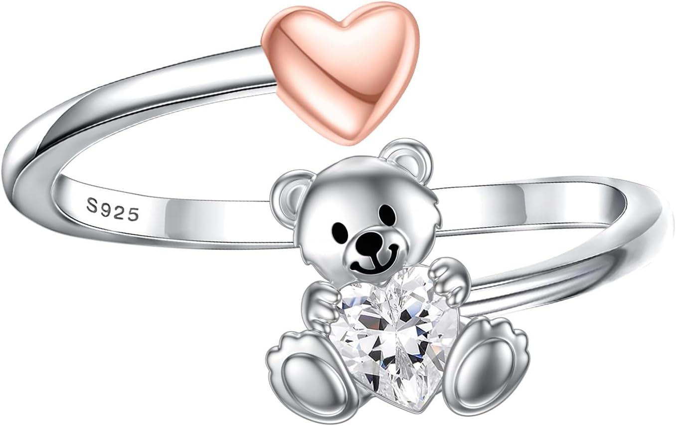 PELOVNY Teddy Bear Rings for Women S925 Sterling Silver Bear Adjustable Rings with Heart Cubic Zirconia Birthday Valentines Day Bear Jewelry Gifts for Mom Daughter Wife