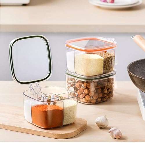 Miniatura 2 de Caja transparente de marca, juego de recipientes sellados de 4 compartimentos con tapa, cubierta y cucharas de servir, tarros de plástico para