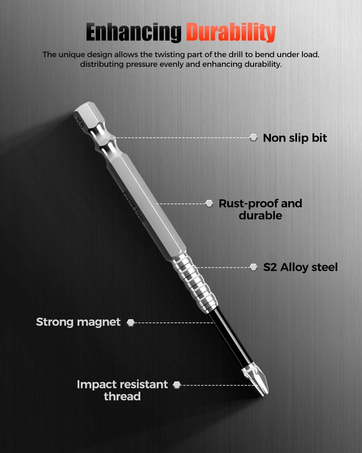 K5 Impact Resistant Non Slip Bit, 12-in-1 High Magnetic Screwdriver Drill Bit Set, Ph2 Long Impact Driver Bit Set 150mm 120mm 100mm 75mm 65mm 50mm Compatible with a Wide Range of Tools (Silver)