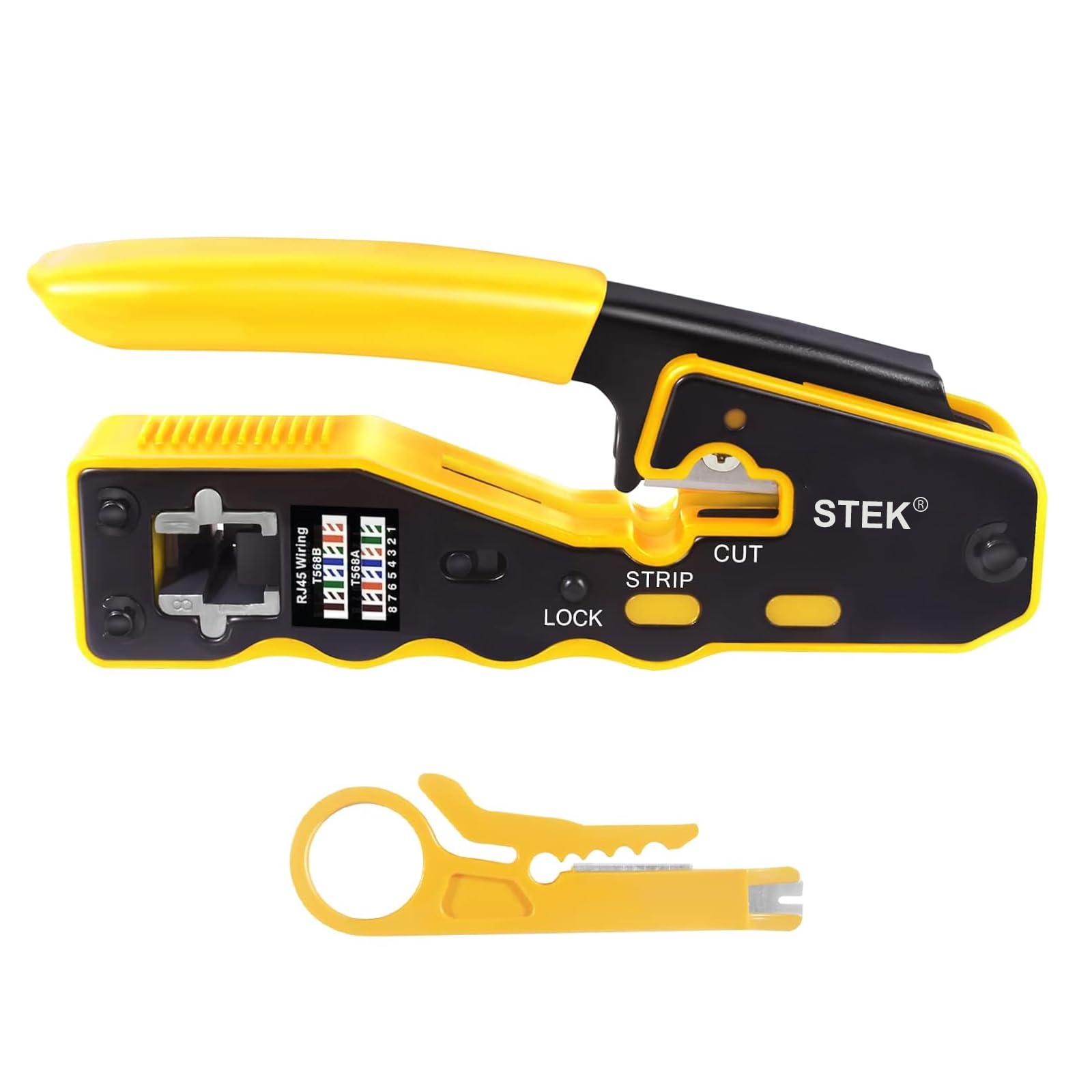 Stek Yellow Rj45 Crimp Tool, Pass Through Ethernet Crimping Tool Ethernet Cat5e Cat6a Cat7 Cat8 8P8c End Pass-Through Modular Connector Ethernet Wire Crimper Tool, All-In-One Rj45 Cable