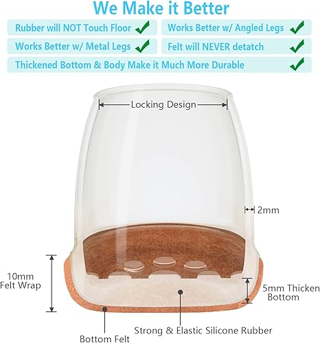 Miniatura 4 de Paquete de 16 protectores de piso para patas de silla para pisos de madera dura, deslizadores redondos de goma para muebles, almohadillas de fieltro