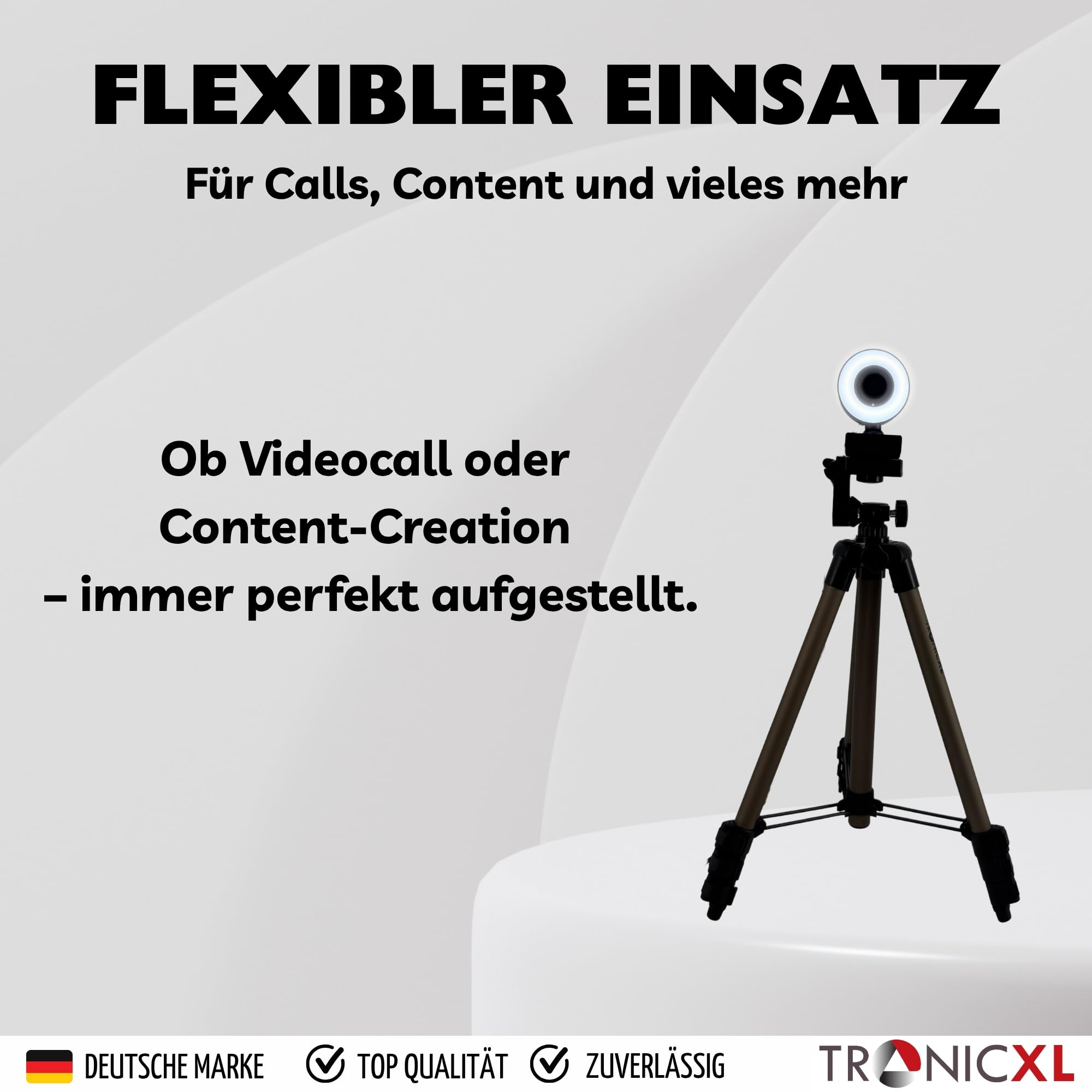 TronicXL Webcam con enfoque automático con lámpara de anillo + trípode de 113 cm Full HD 1920 x 1080p I 2 micrófonos estéreo cancelación de ruido fondo I para ordenador PC portátil para Xbox