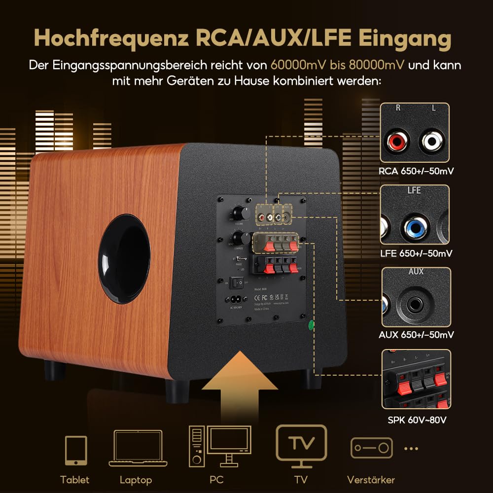 AIYIMA 800X Subwoofer Aktiv 8 Zoll, 100Watt Sub Woofer mit RCA AUX LFE Eingänge, Integrierter Verstärker, MDF Gehäuse, Braun – Für Heimkino & HiFi