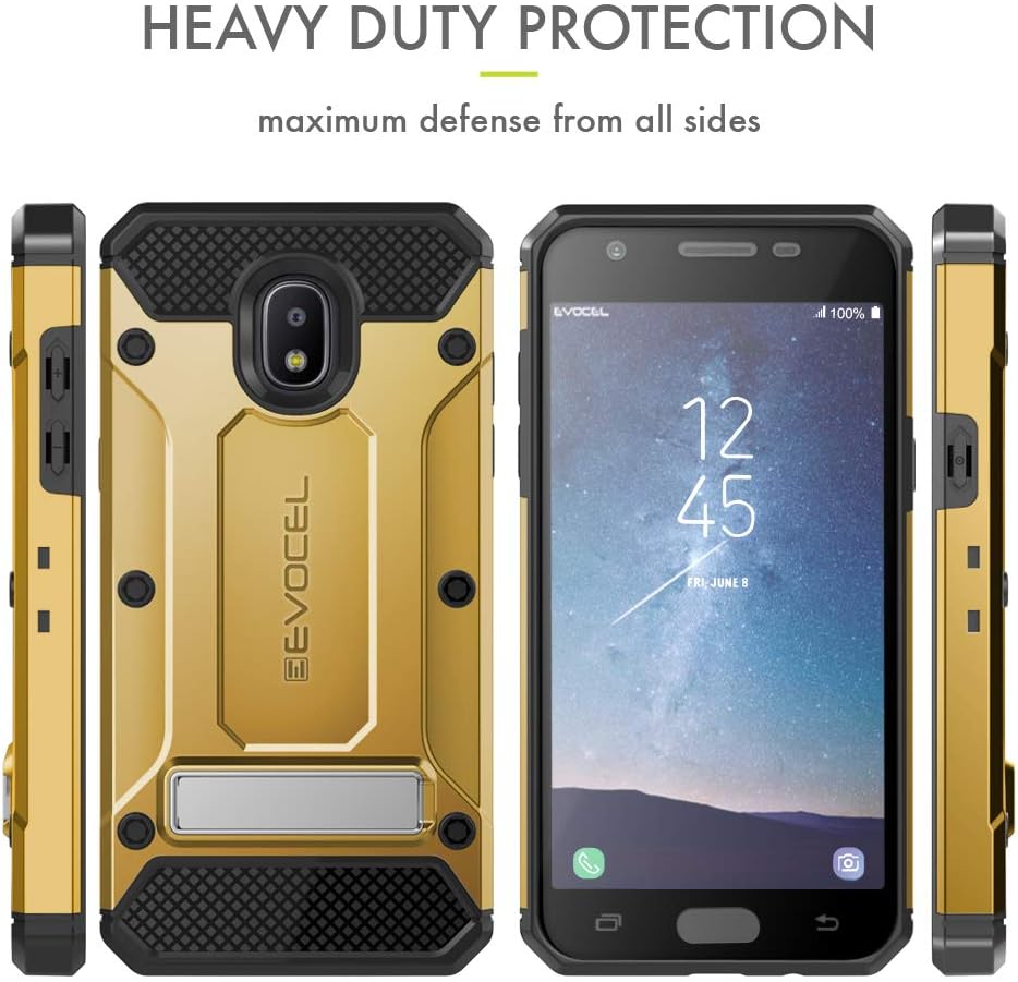 Evocel Explorer Series Pro Compatible with Galaxy J3 2018/ J3 V 3rd Gen/ Express Prime 3/ J3 Achieve/ J3 Star/ Amp Prime 3 Heavy Duty Protection Case w/ Tempered Glass, Holster, & Kickstand – Gold