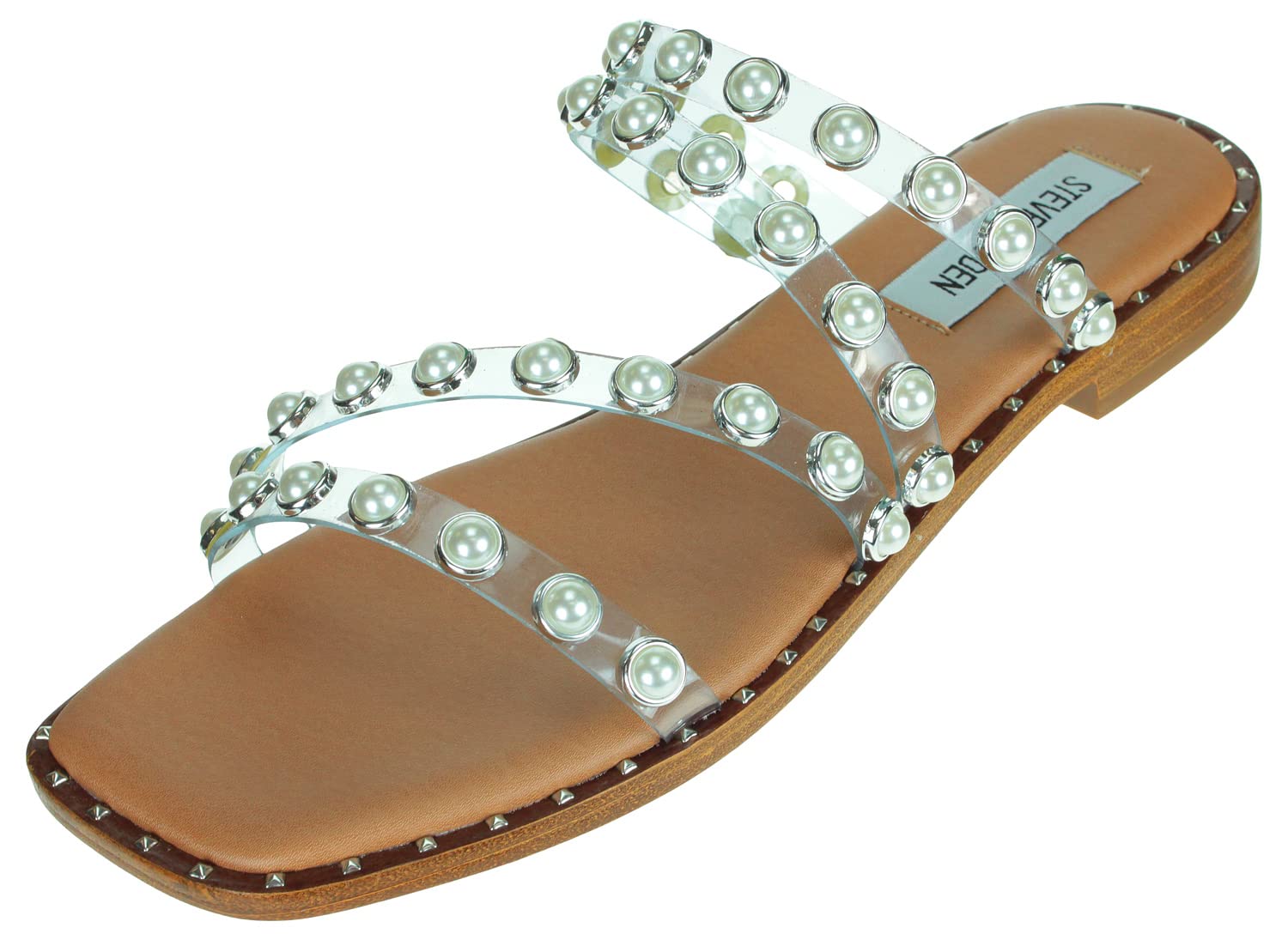 Steve Madden Skyler-P Studded Slip On Square Toe Flat Sandal Clear (8.5, Clear)