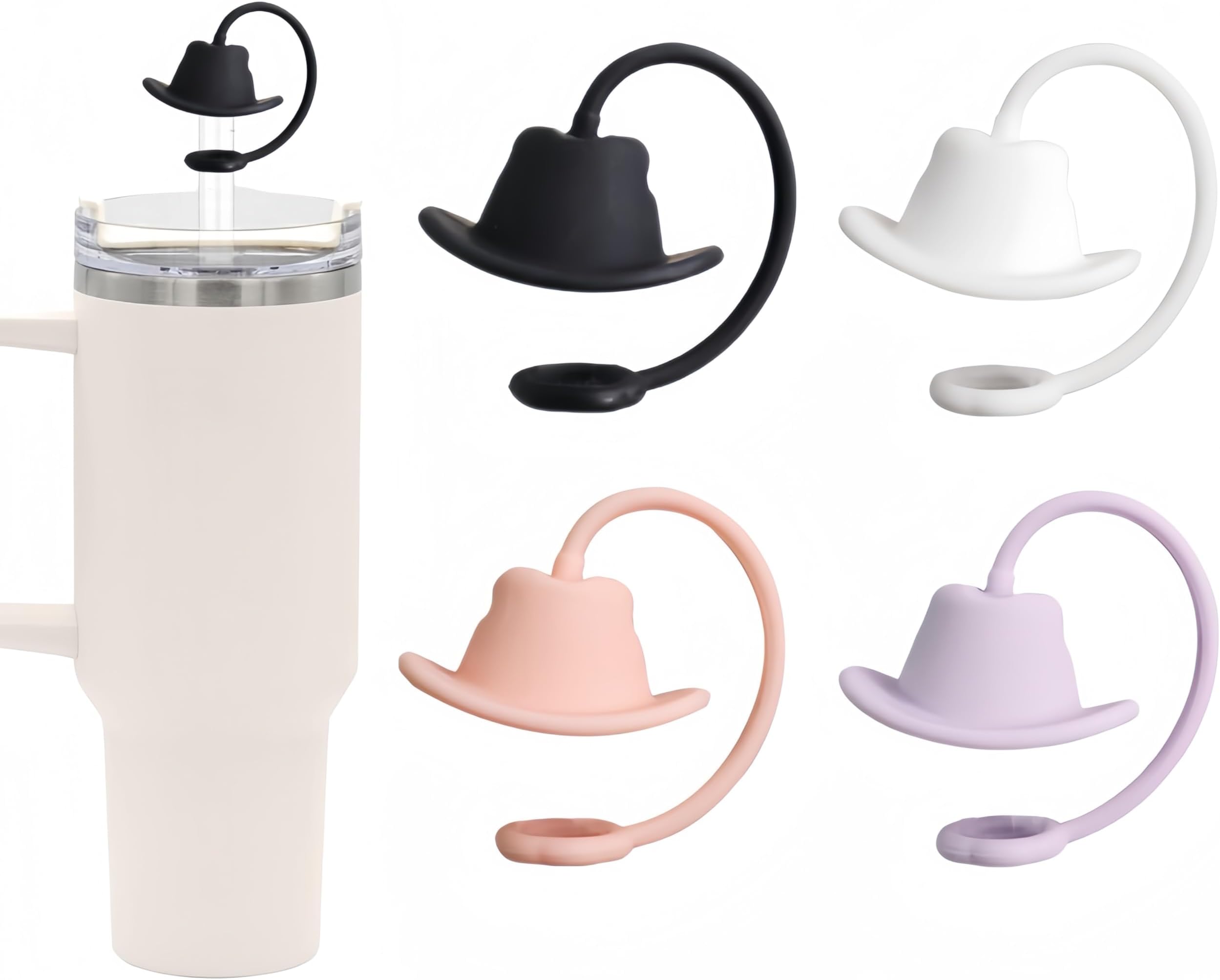 4Pcs Silicone Cowboy Hat Straw Covers Cap Compatible with Stanley Cup 30 40 oz, Cute Funny Tumbler Straw Topper Accessories for Man & Woman Gift