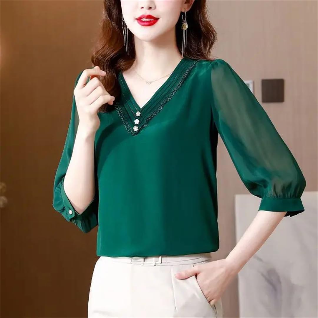 Yeuyyben Donne Estate Ufficio Stampa Tinta Unita Chiffon Pullover Scollo a V Camicetta Signore Moda Pizzo