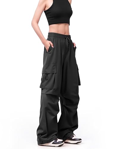 FLEFRM Womens Parachute Cargo Pants with 6 Pockets High Waisted Quick Dry Water-Resistant Baggy Y2K Casual Drawstring Pants - Black - Medium