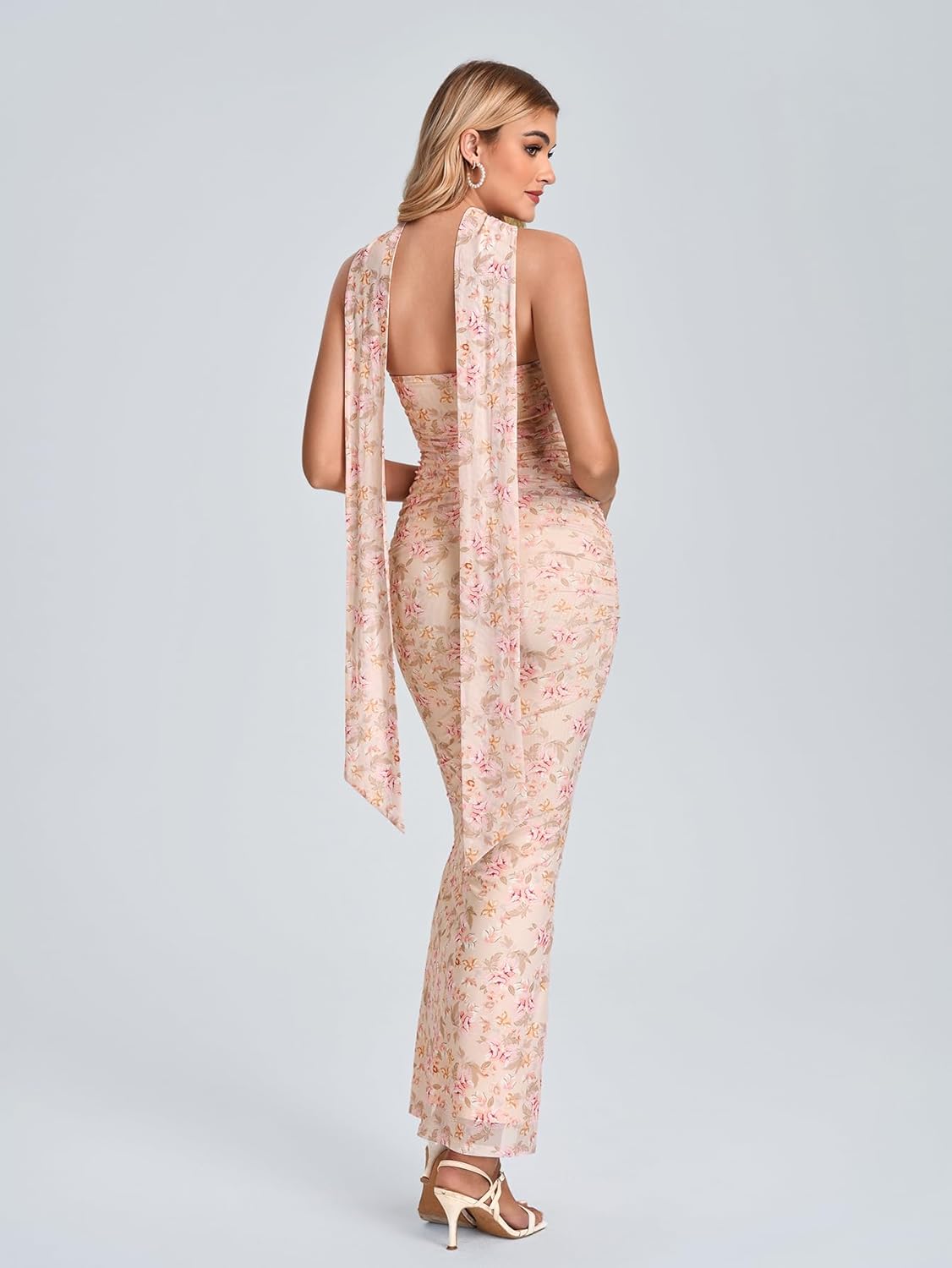 EYNMIN Corset Maxi Wedding Guest Dresses for Women with Scarf Strapless Tube Elegant Bodycon Ruched Mesh Long Formal Dress - Image 4