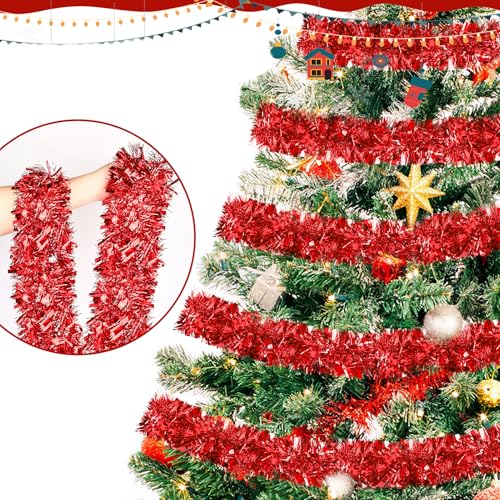 Image of 50FT Red Christmas Tinsel Garland, Metallic Twist Shiny Hanging Garland Ornaments for Xmas Tree Party Supplies Thick Thin Metallic Streamers for Indoor Outdoor Decor