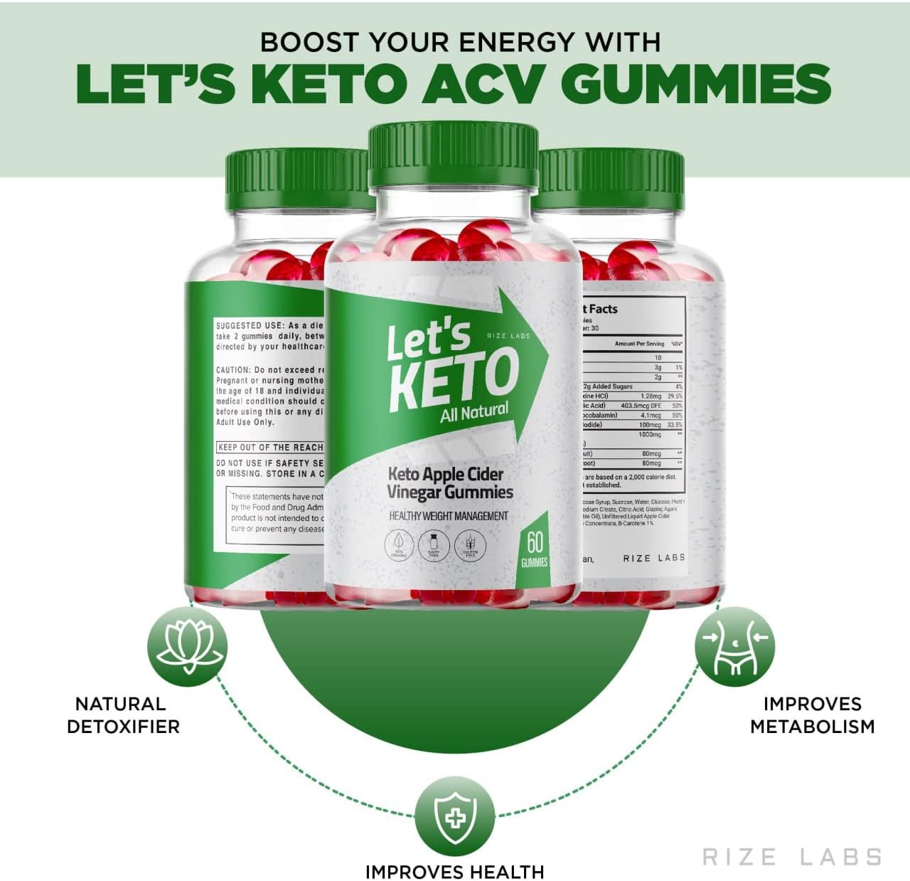 rize labs - Lets Keto Apple Cider Vinegar Gummies for Weight Management Loss - Advanced Formula - All Natural Ingredients (180 Gummies) (Pack of 3)