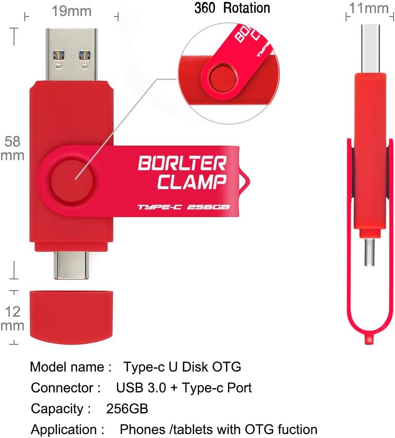 256GB USB Type-C Flash Drive, BorlterClamp USB C 3.0 Jump Drive Memory Stick Dual Port for Android Smartphones Samsung Galaxy S10/S9/S8/Note 9, LG, Huawei, Tablets & Computer (Red)
