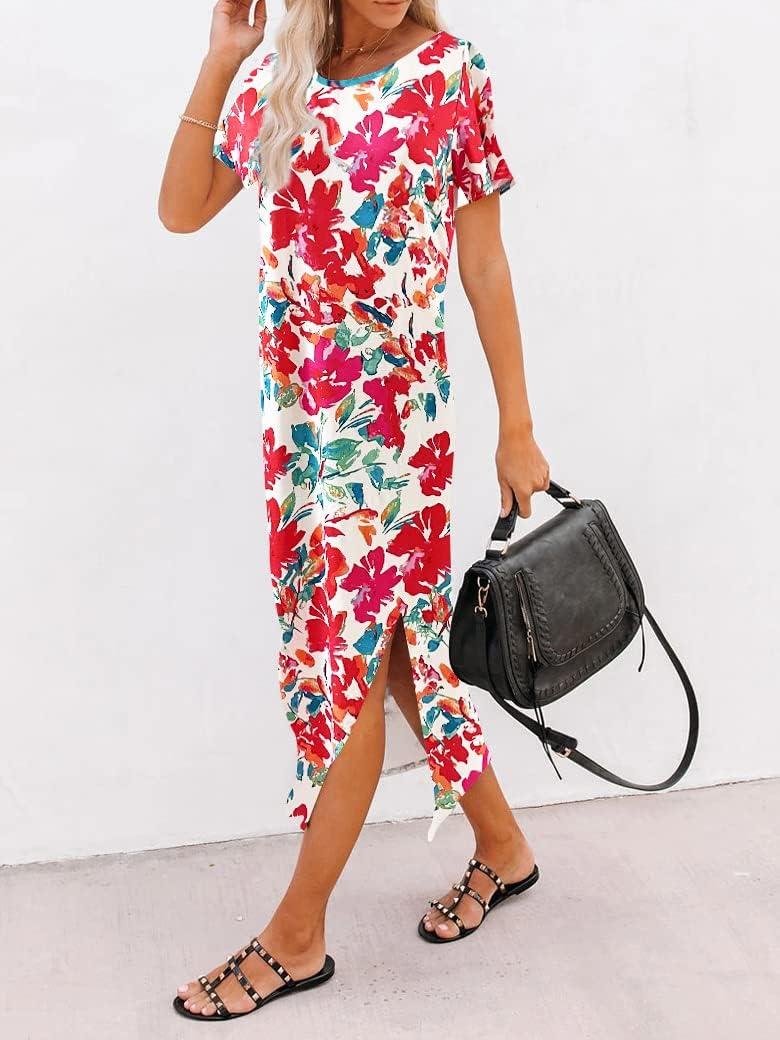 Naggoo Womens Short Sleeve Split Maxi Dress Casual Plain Tie Dye Print Tshirt Long Dresses with Pockets - Image 5