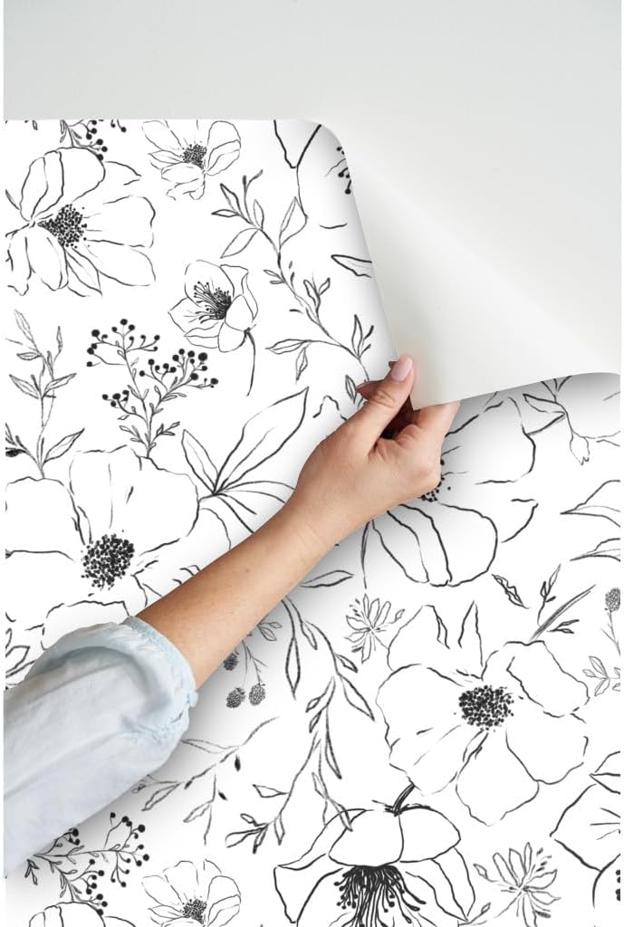 Peel & Stick Wallpaper 3ft x 2ft - Sketch Flowers White Black Flower Leaves Floral Nature Autumn Fall Custom Removable Wallpaper by Spoonflower