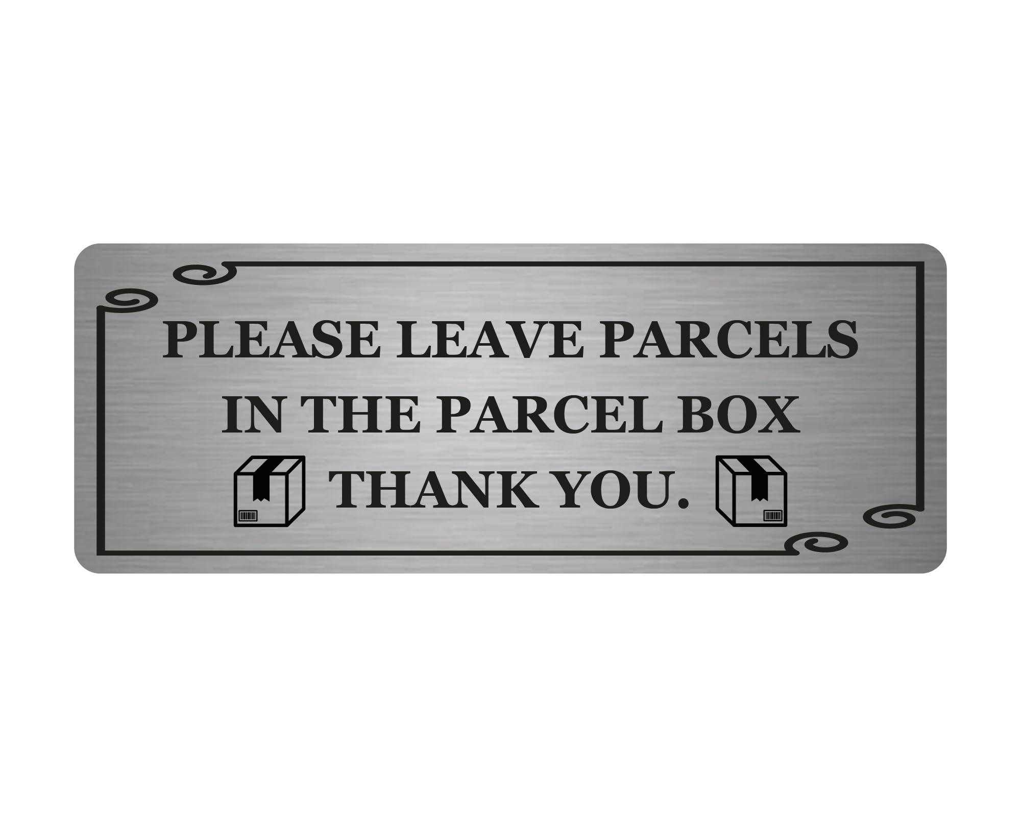 Brushed Silver Please Leave Parcels in Parcel Box Sign – 20x7.5cm Metal Aluminium Plaque – Weatherproof Delivery Notice with Stickers