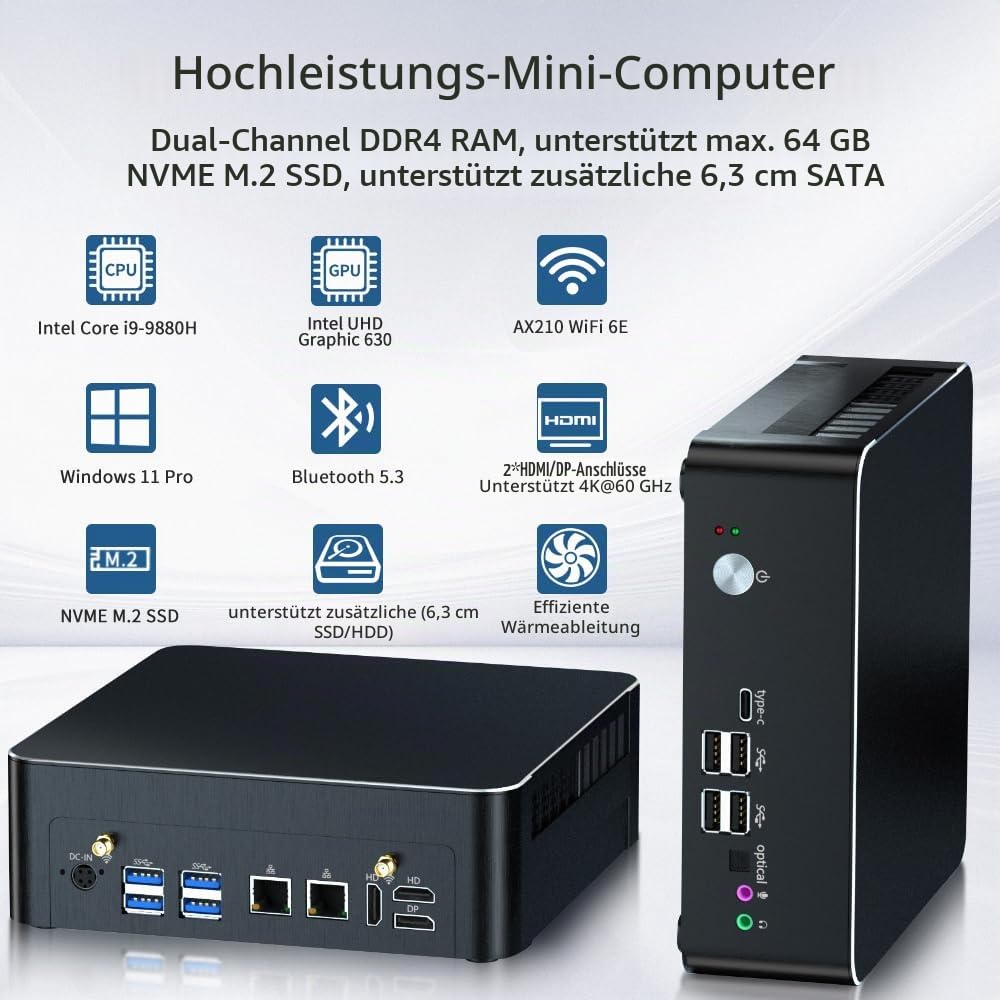 Thdeukoty Mini PC mit Core i9-9880H 2,3 bis zu 4,8GHz, 64G DDR4 1T NVME SSD, Windows 11 Pro Desktop Computer, DP*1, HDMI*2 Unterstützung Triple Display, Optical, Dual 2,5G LAN, WiFi6E/BT5,3,VESA