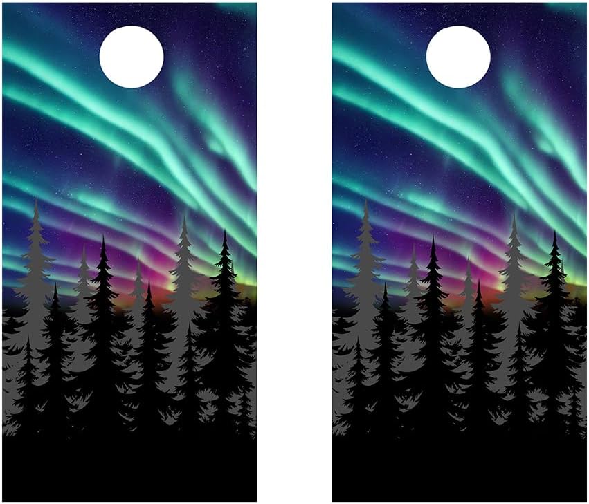 Cornhole Board Wraps 903 - Northern Lights with Tree Silhouette Cornhole Game Graphic Decals - Includes Application Squeegee - Set of (2) 25" x 49" Wraps with Gloss Laminate