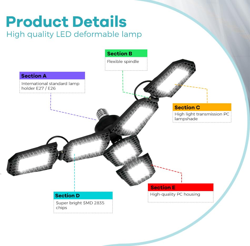 WENNI 100W Adjustable Ceiling Lamp E27 Deformable Panels Warehouse Spotlight 100-277V Workshop Light 110V Foldable High Bay Lamps — view 2