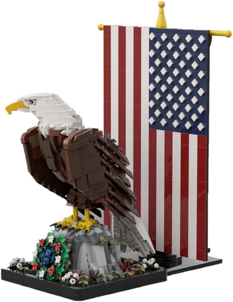 American Bald Eagle with Flag Building Blocks Set – MOC Animal Model Kit for Adults & Teen, STEM Educational Toy, Collectible Display, Home Office Decor (1965PCS