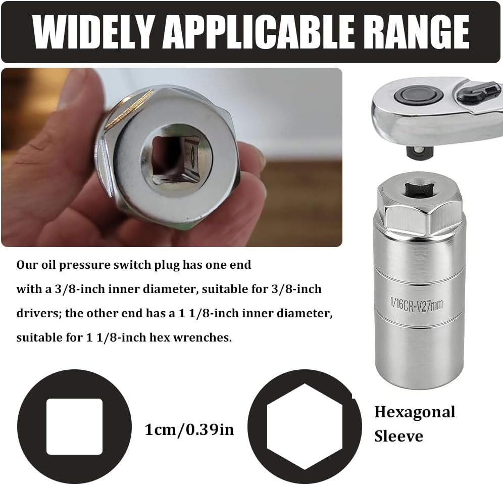 Oil Pressure Sensor Socket, 1/16 Oil Pressure Switch Socket, Auto Oil Sending Unit Quick Removing & Installing Tool, Heavy Duty 27mm Socket Fits 3/8 Inch Drive or 1/8 Inch Hex Wrench (White)