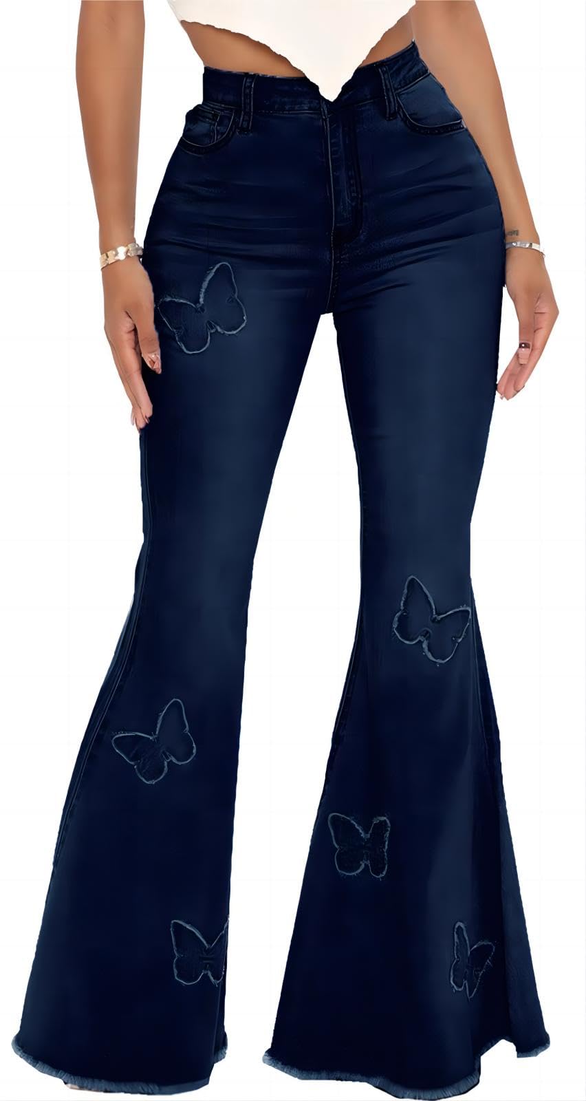Bell Bottom Jeans for Women Butterfly Vintage High Waisted Skinny Flared Jeans Wide Leg Raw Hem Denim Pants S 76 Navy Blue