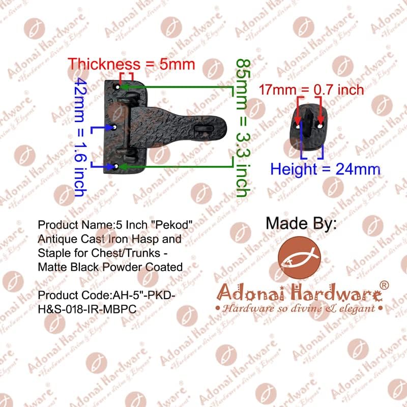 Adonai Hardware 5 Inch "Pekod" Antique Cast Iron Hasp and Staple for Chest/Trunks - Matte Black Powder Coated