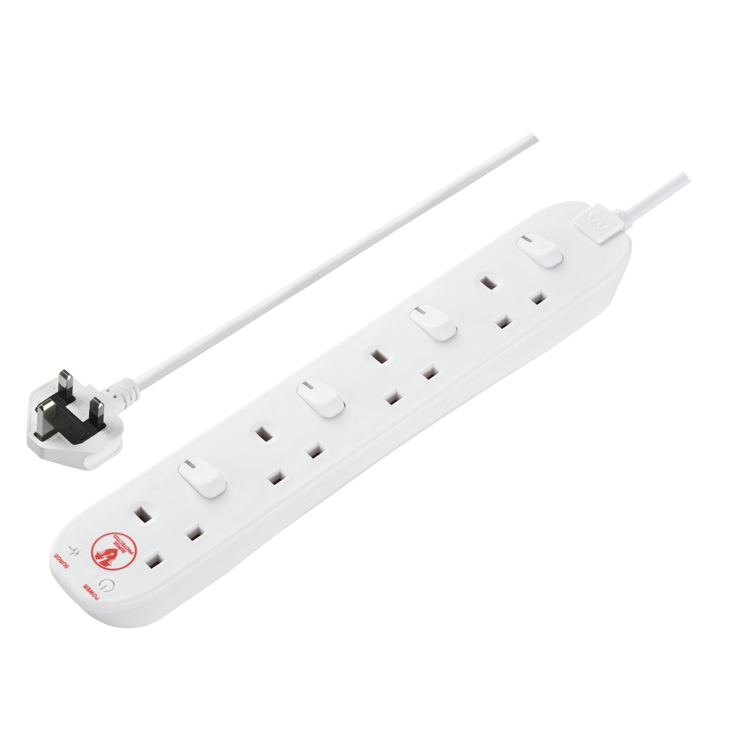Masterplug Four Socket Extension Lead, 2 Metre Cable, Surge Protection, Individual Switches, Power and Surge LED Indicators, 4-Way Plug Extension Cable, Power Strip, White, 13A, 4G, 2m, SWSRG4210N
