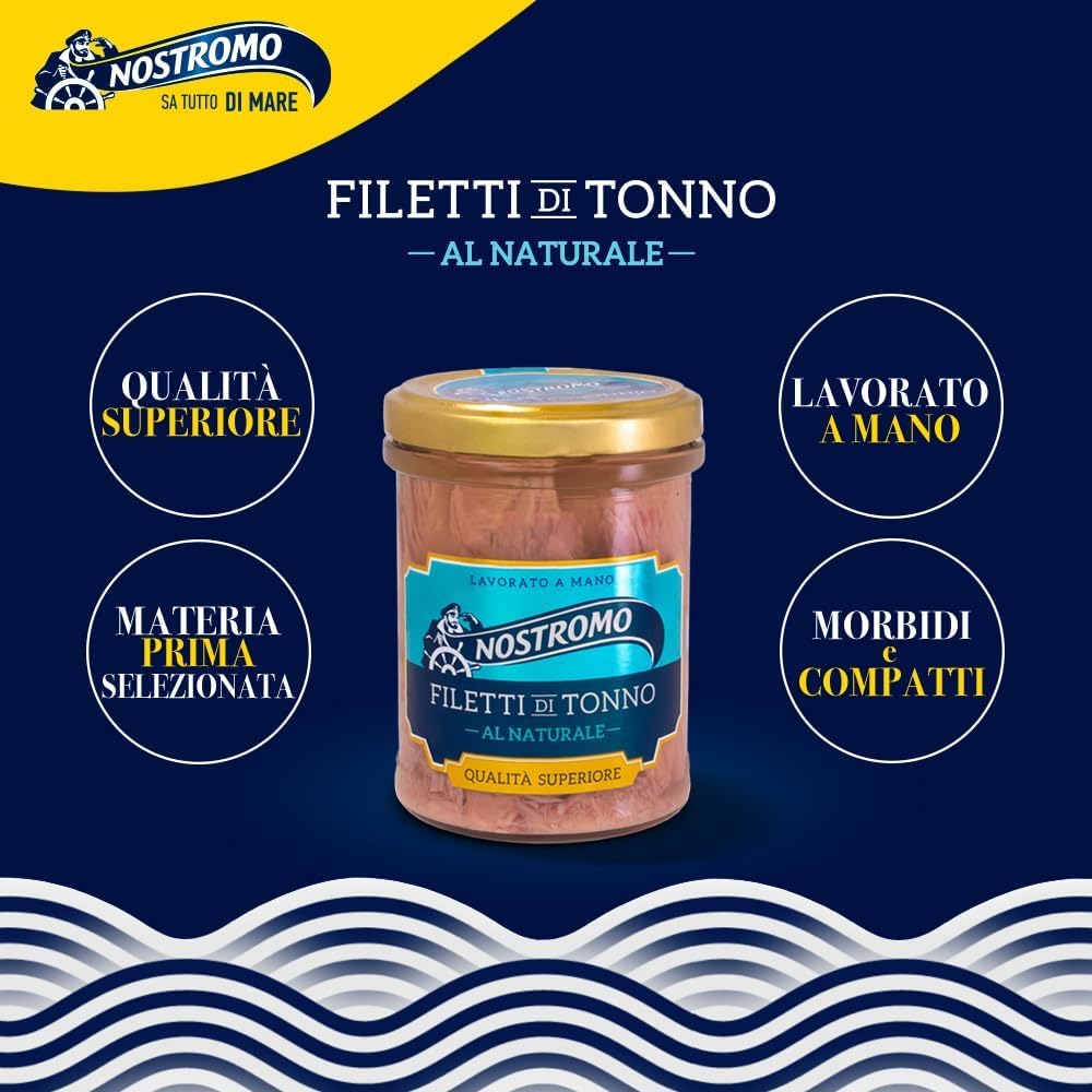 Nostromo - Filets de thon naturels - 6 bocaux de 180 g - Qualité supérieure - Fabriqué à la main - Source d'Omega 3 + Italian Gourmet polpa - 400 g