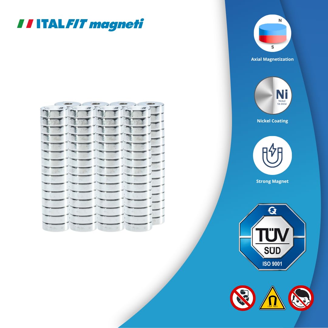 Italfitmagnetisrl | 120 sztuk - Magnesy z otworem neodymowym Siła 1,40 kg - Średnica 10 mm Grubość 4 mm Otwór 3,2 do wkręcania
