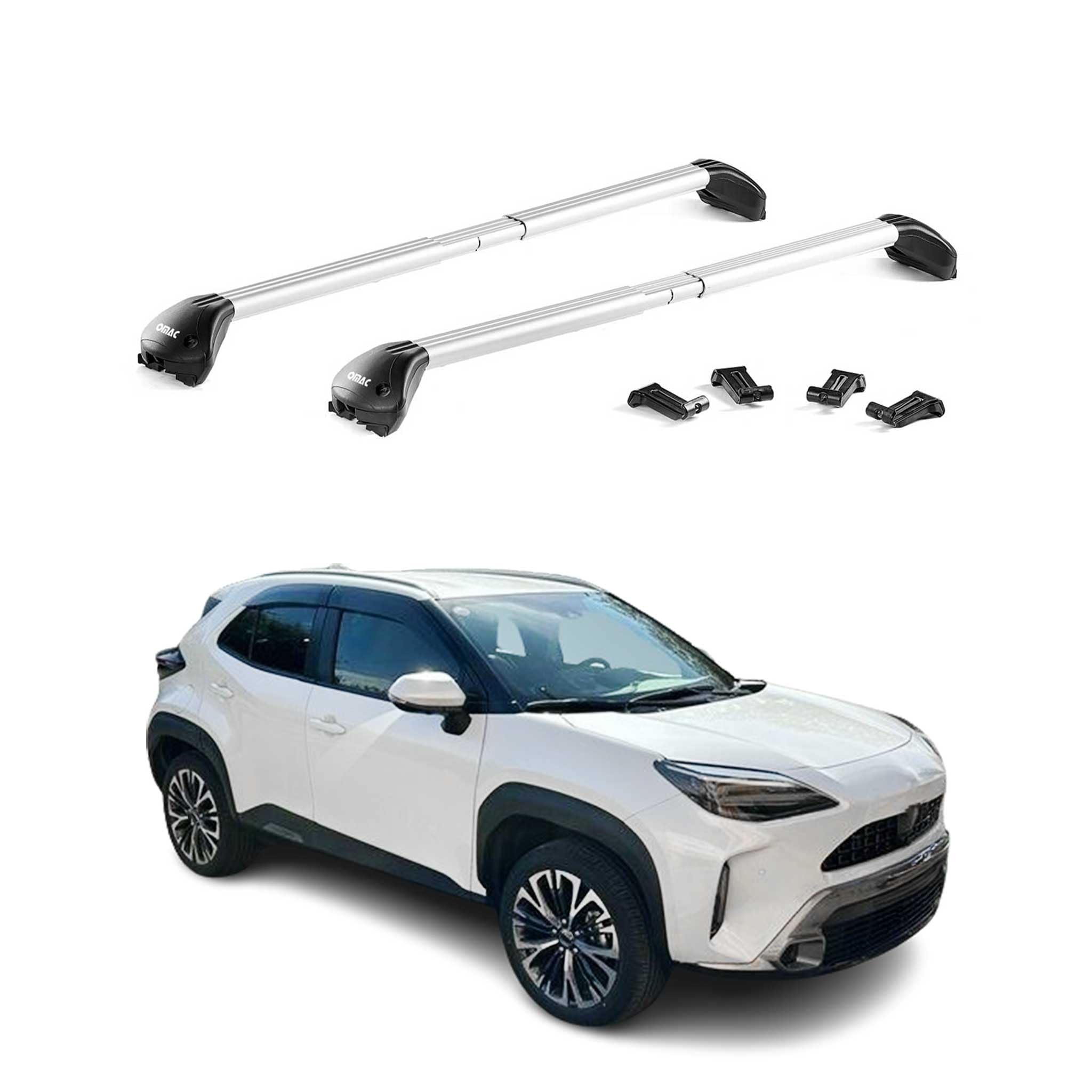 OMAC Barres de Toit transversales certifiées TÜV pour Toyota Yaris Cross XP210 2021-2026 – Verrouillables (4 antivols) – Charge Max 100 kg – Fixation Durable Argent