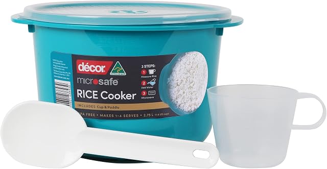 Décor Microwave rice cooker & veg microwave steamer with rice paddle & measuring cup non stick plastic rice pot ideal as pasta microwave cooker | Teal | 2.75L