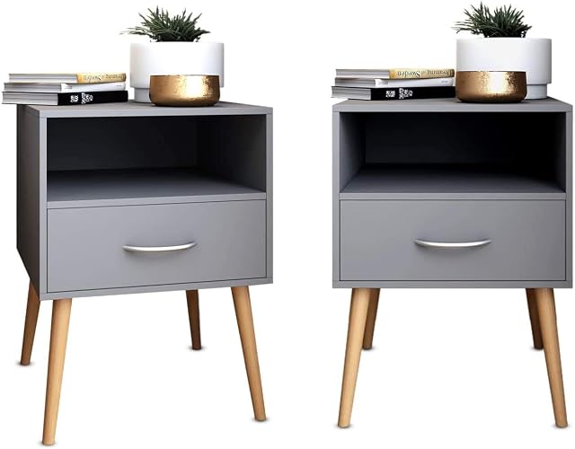 Joolihome Wood Bedside Table Set of 2 Cabinet Storage Nightstands 1 Drawer with Metal Handle, 42 x 42 x 56 cm (Grey, 2)