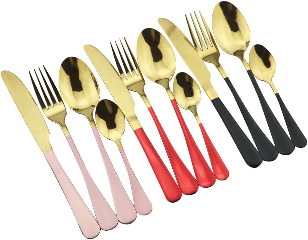 Silverware Flatware Set, 4/16/24/32/40/48 Pieces Black Gold Stainless Steel Cutlery Set Steak Knife, Fork And Spoon Tableware (Color : Red Gold, Size : 4Set-16Pcs)