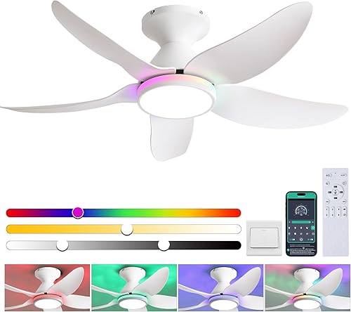 Ceiling Fans with Lights Remote/APP Control, 38" Low Profile Ceiling Fans with Dimmable White Colors+Ring RGB Lights, 6 Speeds 5 Reversible Blades