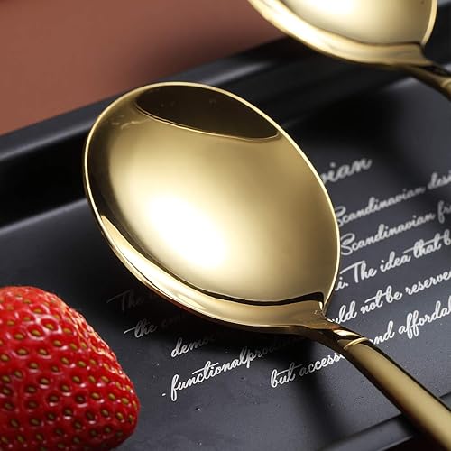 Miniatura 5 de Berglander Cucharas doradas de 12 unidades, acero inoxidable titanio brillante chapado en oro, cucharas de sopa plateadas, juego de cucharas de sopa