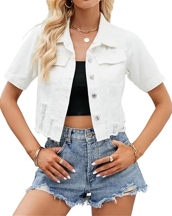 Womens Short Sleeve Denim Jacket Lapel Button Down Cropped Trucker Jean Jackets Coats
