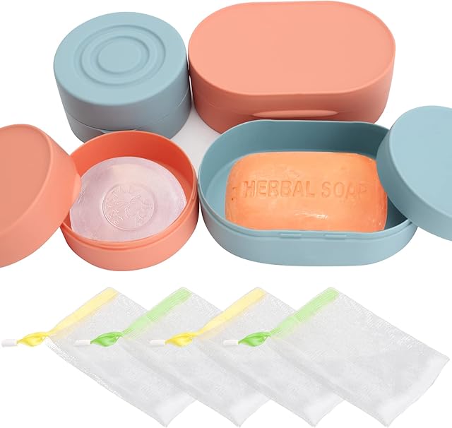 4 Pieces Travel Soap Case with Lid, Leakproof Soap Storage Box Portable Soap Holder with 4 Pieces Soap Bag, Shower Soap Box for Bathroom Travel (2 Styles