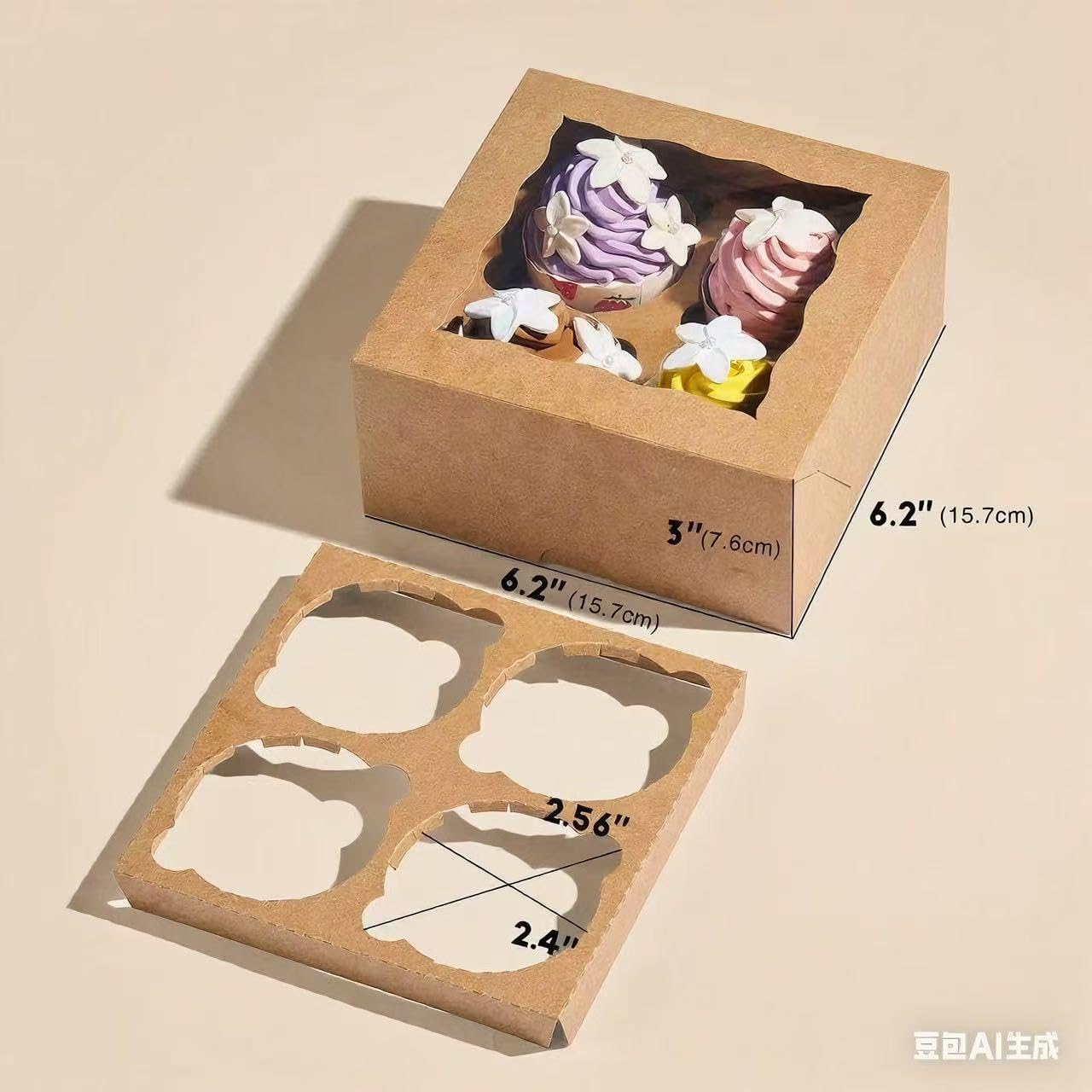 RomanticBaking 50 Pack 4 Cupcake Boxes with insert,6'' x 6'' x 3''Brown Kraft Cupcake Containers Food Boxes for Cookies,muffin,cakesicles