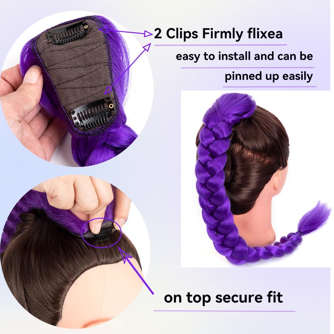 26 Inch Long Purple Braid Ponytail Extensions Braids Easy Clip in Ponytail Hairpiece for Cosplay Stage Party Halloween Costume - Image 3