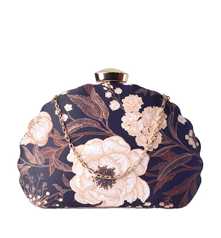 Bold Black Floral Printed Clutch Bag For Women With Detachable Chain Strap-image-41