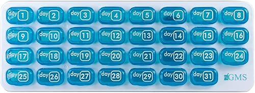 Organizador de pastillas GMS de 31 días con compartimentos diarios extraíbles, Azul Cerúleo, 1