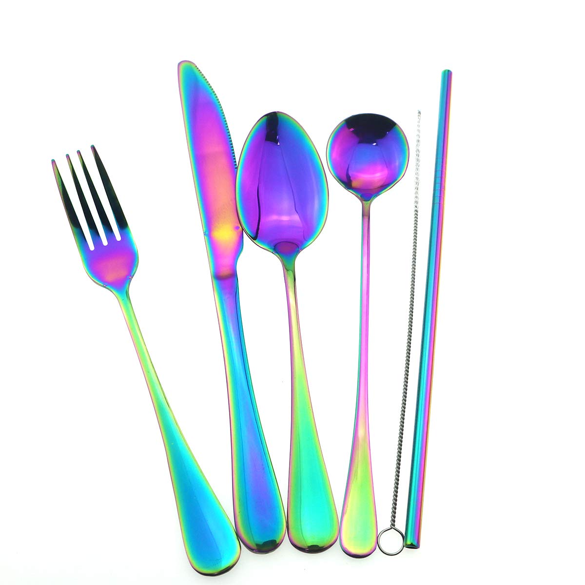 Puzhler Mirror Polished Travel Utensils Silverware with Case, Healthy & Eco-Friendly Knife Fork Spoon Straws and Carry Case, Portable Utensil Set, Strong Durable Dishwasher Safe (Rainbow)