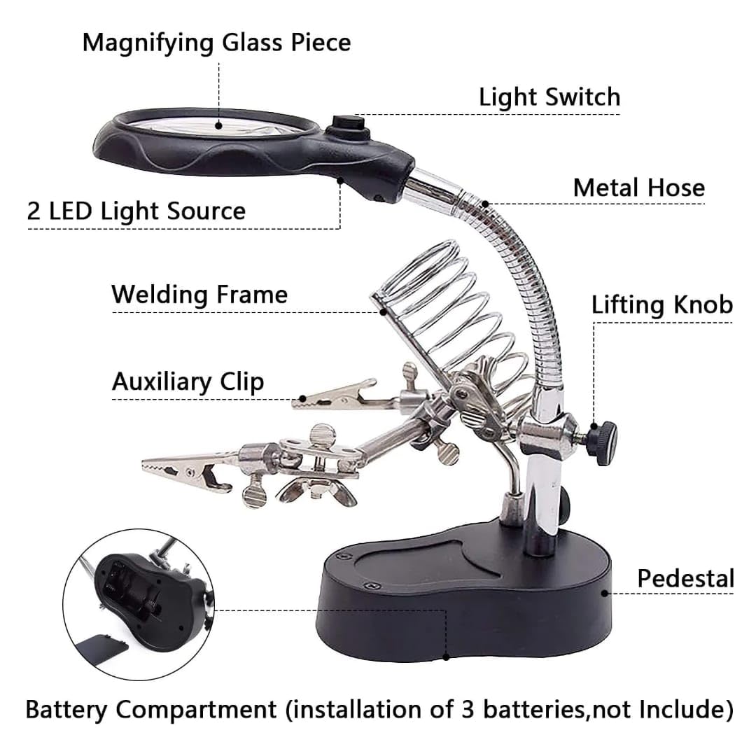 DKP Medicams 5in1 Helping Hand Magnifier Tool 3.5X & 12X with Soldering Iron Stand Adjustable Alligator Clip Clamps LED Magnifying Glass Len Workstation Light Battery Powered 3