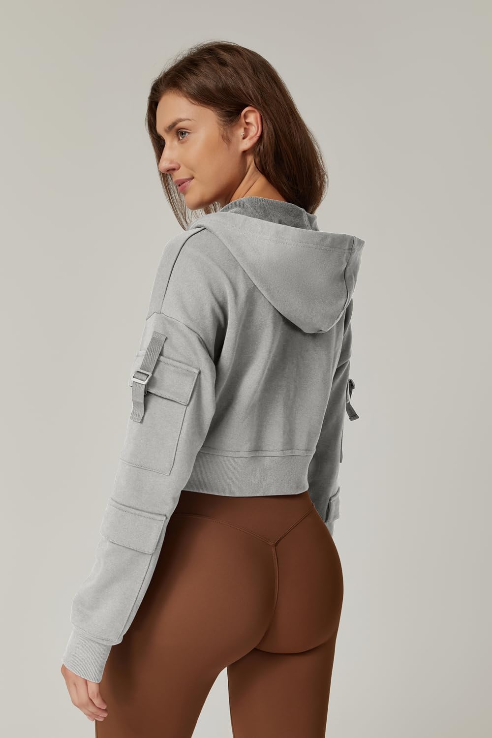 QINSEN Hoodies for Women Full Zip Up Cropped Jacket Long Sleeves with Cargo Pockets Sweatshirts Tops - Image 2