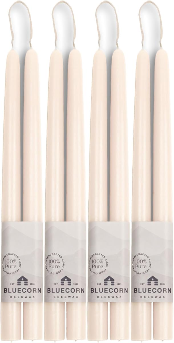Bluecorn Beeswax Taper Candles, 12 Inch, Ivory White, 8 Pack | 100% Pure Beeswax, Hand-Dipped Tapered Candles, Unscented, Dripless & Clean Burning Candlesticks, 4 Pairs, Made in USA