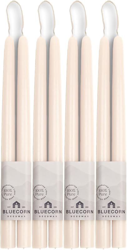 Bluecorn Beeswax Taper Candles, 12 Inch, Ivory White, 8 Pack | 100% Pure Beeswax, Hand-Dipped Tapered Candles, Unscented, Dripless & Clean Burning Candlesticks, 4 Pairs, Made in USA