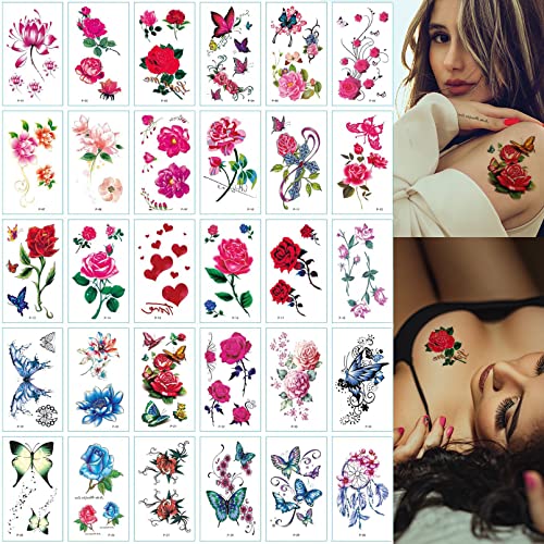 Casciybo 30Sheets Flower Temporary Tattoos for Women Girls, Fake Butterfly Colorful Rose Tattoo Stickers Waterproof for Body Arm Birthday Party Favors Supplies Gifts