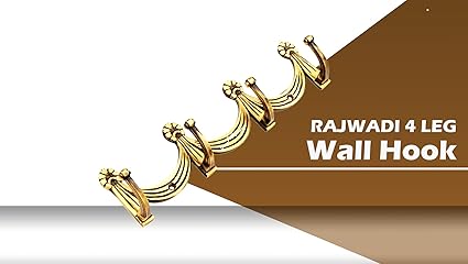 SMART SHOPHAR Brass Rajwadi Wall Hook 4 Legs Antique, Pack of 2 / Heavy Duty Hanger for Hanging Keys, Cup, Coat, Hat, Kitchens Towel, Bathroom and Office/Screws with Plastic Plugs