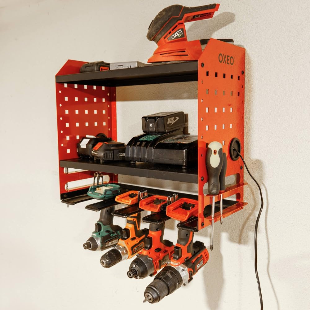 Étagère Murale Rangement Outils Électroportatifs - pour Perceuse - Meuleuse - 4 emplacements - Passage pour Câbles - 45kg