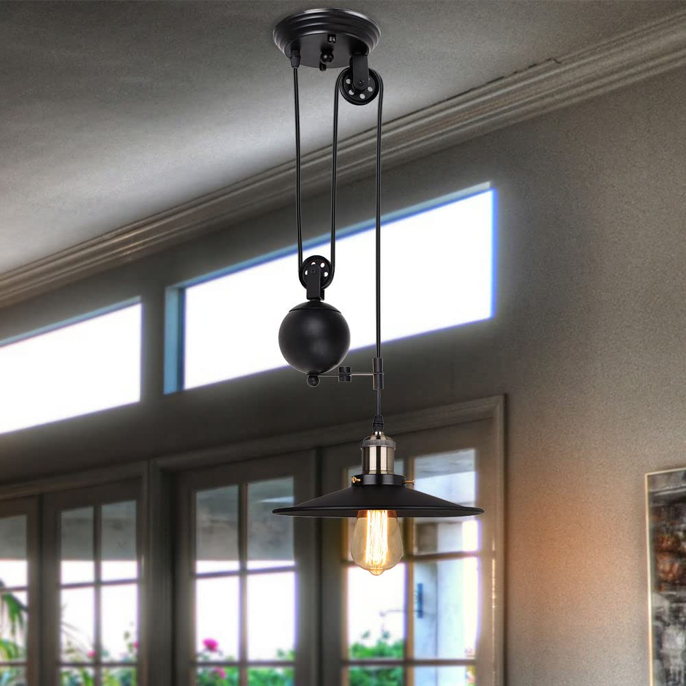 iDEGU Lámpara de Techo Vintage, Retro Lámpara Colgante Negro Diseño Industrial con Sistema de Poleas de Metal Regulable Lámpara de Araña para Comedor, Salón, Cocina, Restaurante